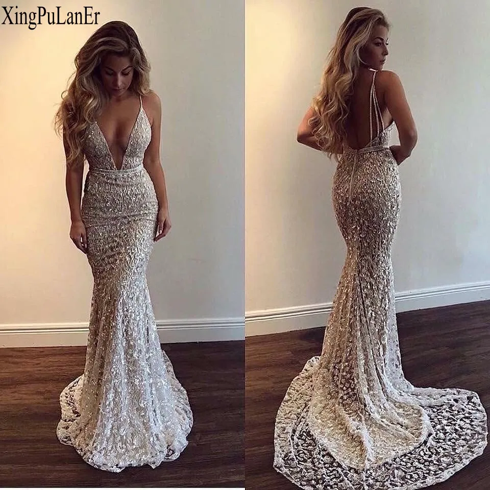 

robe de soiree Deep V-Neck Long White Evening Dresses Spaghetti Straps Backless robe de soiree Floor Length Formal Evening Gowns