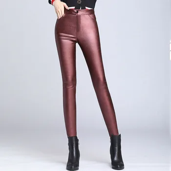 

Europe New Women's Street Fashion Elastic Waist Slim Sexy Long Pu Leather Pencil Pants Female Plus Size Casual Trousers Trening
