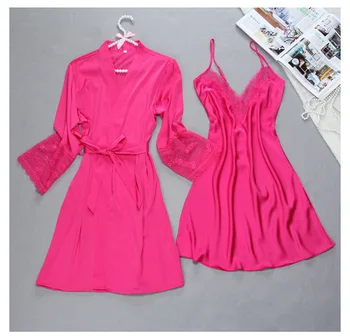 

Women Lace Sleepwear Sets New Silk Satin Pajamas Kimono Bathrobe Bowknot Nightgown Robe Sets 2 Pieces Pajamas
