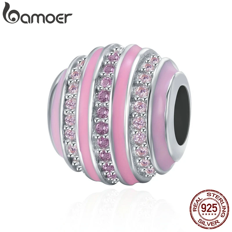 BAMOER Лидер продаж 925 пробы серебро постепенное изменение колеса розовый эмаль прозрачный CZ бусины подходят для женщин браслет DIY Ювелирные изделия SCC344