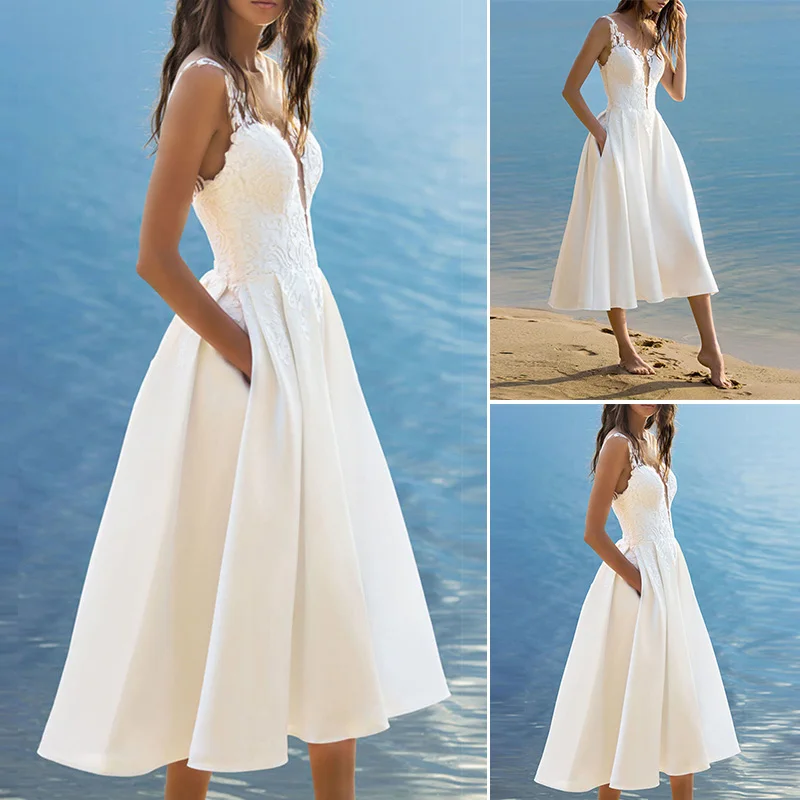 Элегантное белое кружевное платье миди на бретельках летнее сексуальное пляжное платье без рукавов с v-образным вырезом женские вечерние платья Vestidos Jurken