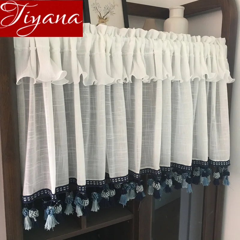 

Lace Fabrics Short Coffee Door Curtain Window Treatments Kitchen Bar Tassel Short Curtain Cupboard QT033#30