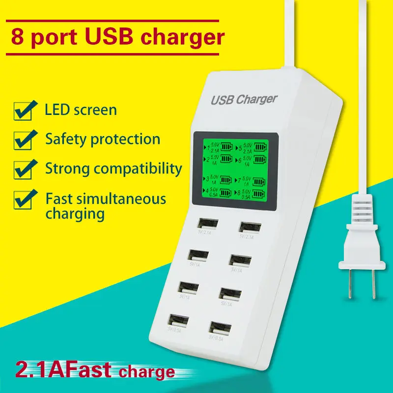 8 منافذ USB جدار شاحن LED عرض شاشة لنا الاتحاد الأوروبي المملكة المتحدة محول القابس الهاتف المحمول شاحن آيفون سامسونج Xiaomi شاحن الجهاز اللوحي