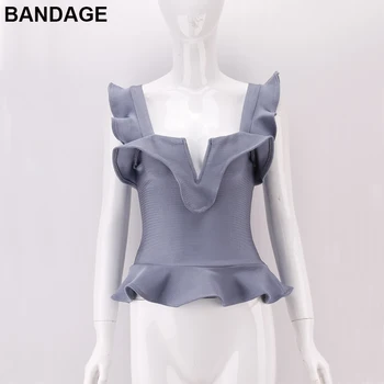 

Summer New Fashion Baby Blue Sweetheart Neck Square U Back Crop Cami Ruffle Top Short Rayon Bandage Tops Women Casual Outfits