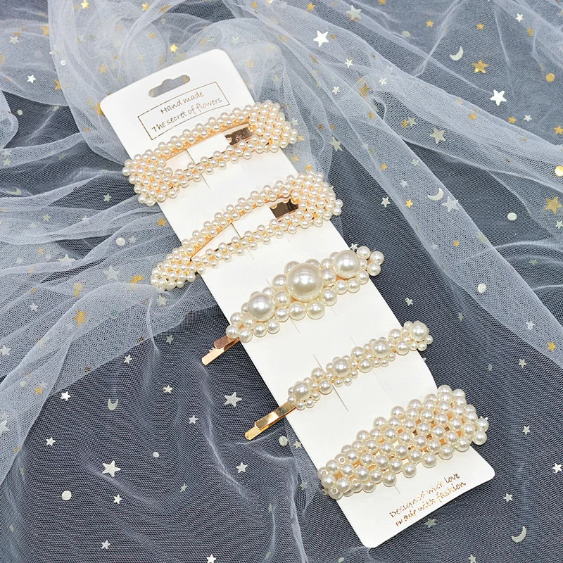 Free shippin 1Set Fashion Solid Pearl Hair Clip for Women Charm Hairpins Snap Barrettes Trendy Handmade Hair Styling Accessories