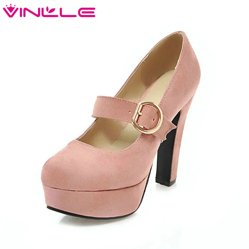 

VINLLE 2018 Summer Shoes Women Flock Square High Heel Pointed Toe Mary Janes Buckle Platform Ladies Wedding Pumps Size 34-43