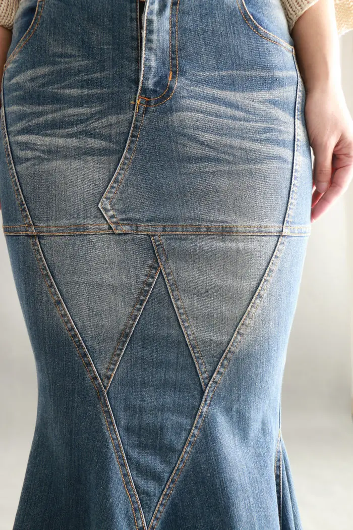 2017 новые весенние женские повседневные хлопковые джинсовые юбки синий цвет Curve шить большие качели тонкий длинный рыбий хвост юбка