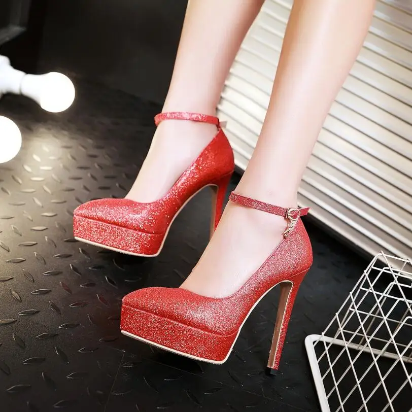 

European station spring women new style shallow pointed toe pumps female waterproof table Sexy sequins stiletto high heel shoes