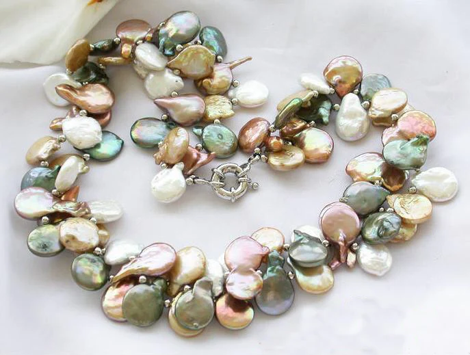 Freshwater Pearl Necklace,2Row 18'' 15mm Multicolor Coin Freshwater Cultured Pearls Jewellery,Women's Wedding Party Gift