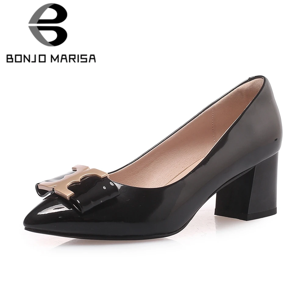 

BONJOMARISA 2019 Spring New Fashion Patent Pu Office Lady Pumps Women Big Size 33-43 Metal Decoration Med Heels Shoes Woman