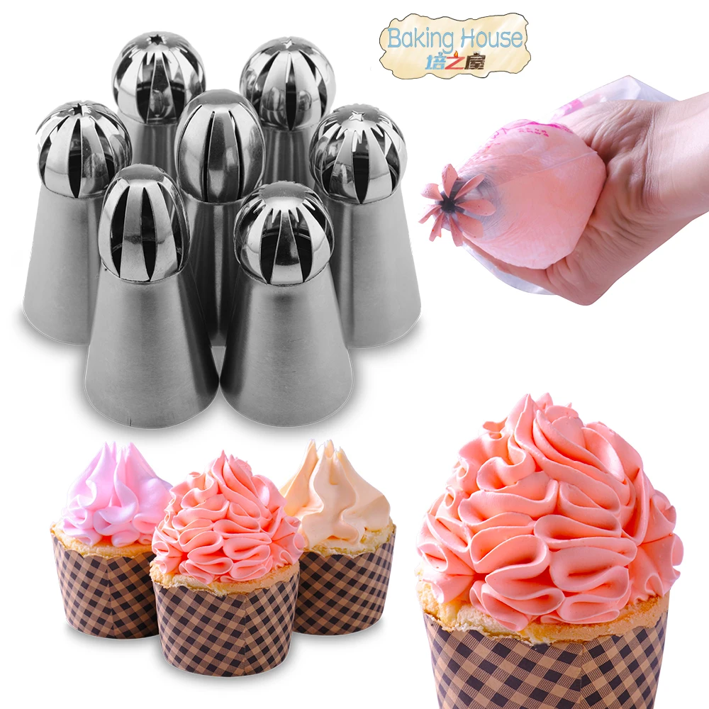 Joinor NEW Version 7pcs Set Stainless Steel Sphere Ball Tips Russian Icing Piping Nozzles Tips Pastry Cake Fondant Cupcake Buttercream DIY Baking Tools