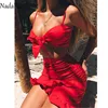Nadafair Two Pieces Set Women Ruffles Bow Casual Beach Summer Dress Red Off Shoulder Sexy Club Bodycon Wrap Mini Party Dress ► Photo 3/6