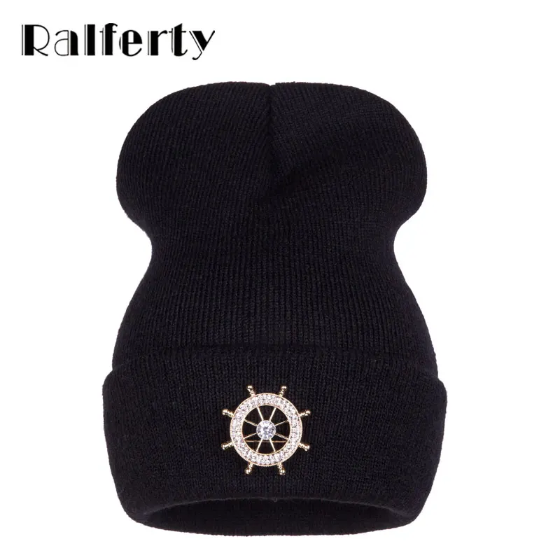 Ralferty, украшенная рулем, женская зимняя шапка, брендовая, женская вязаная шапка Skullies, женские шапки, черные, белые, gorras