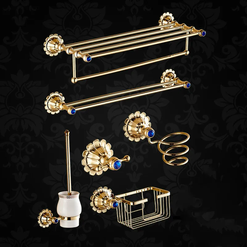 Brass Leaf Blue Crystal European Antique Bathroom Hardware Set Wall