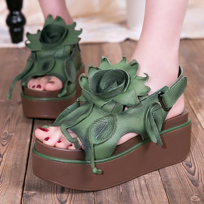 

2018 Summer New National Wind Leather Lady's Sandals High heel muffins thick Wedges bottom flowers magic stickers