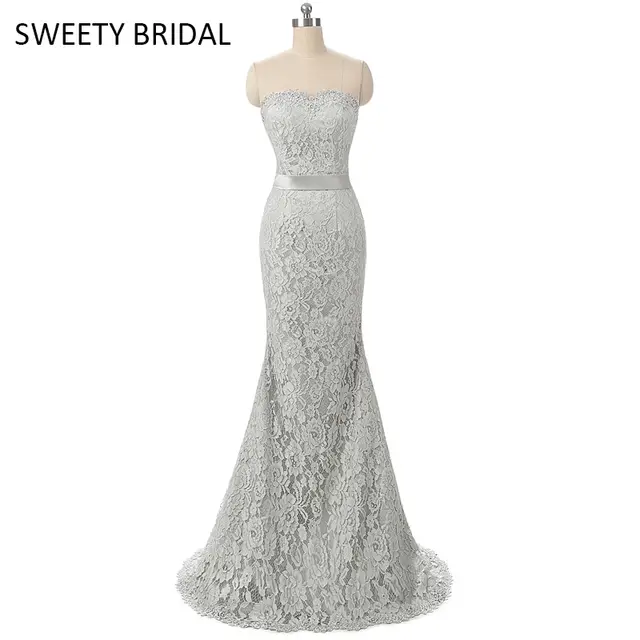 Grey Silver Mermaid Lace Wedding Dresses Simple Strapless Floor