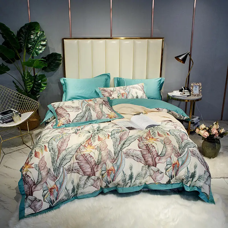 

Watercolor Floral Leaves Duvet Cover Set, Egyptian Cotton Bedding,Queen King size 4Pieces Bedding set Bed sheet Pillow shams