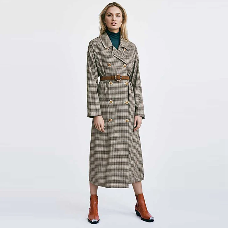 

Brown plaid long sleeve notched collar double breasted long plus size trench coats women oversize slim tartan midi outwear
