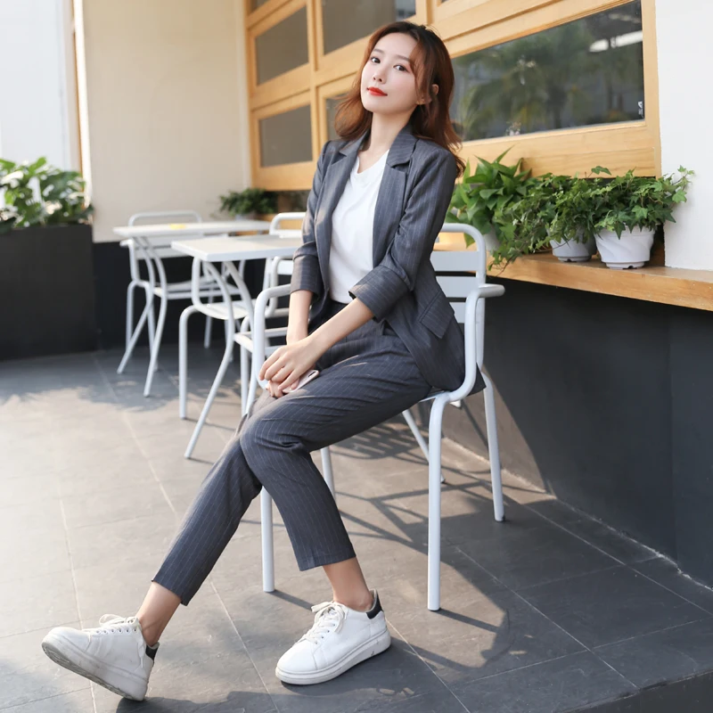 

Pant Suits Pale Striped Spring female Sets Single Button Blazer Jacket Pencil Pants 2 Piece Set Work Outfits 2019 Black Gray