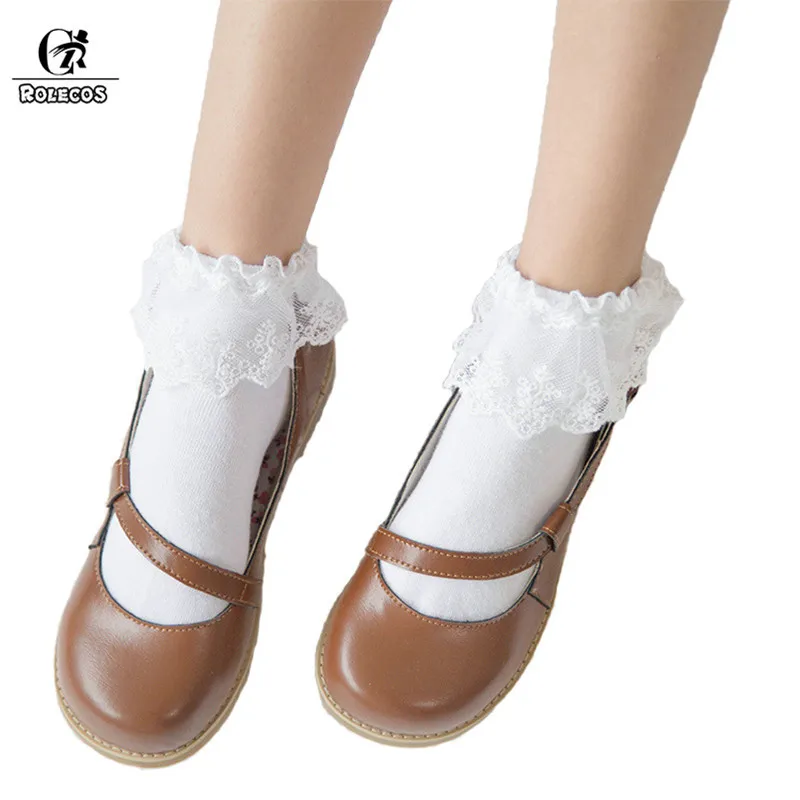 

ROLECOS 7 Solid Colors Lolita Socks For Women Lovely Cotton Ankle Socks With Lace Cute Lolita Princess Socks 2018 New Cosplay