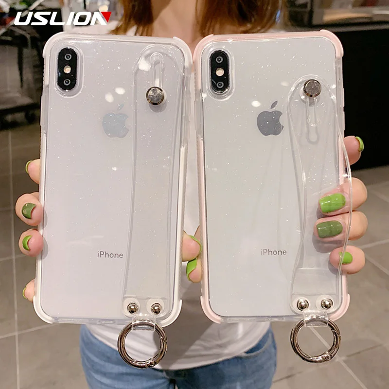 

USLION Phone Case For iPhone X XS XR Xs Max 6 6S 7 8 Plus Transparent Wrist Strap Shining Glitter Shockproof Soft TPU Back Cover