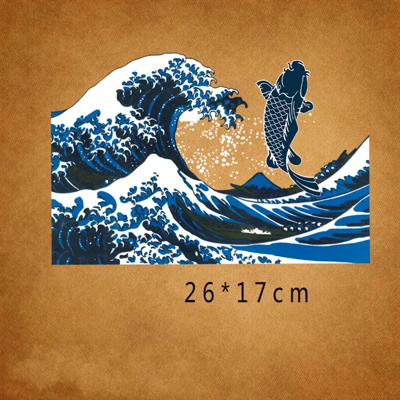 

26x17cm Fashion wave fish Iron On Stickers Washable Appliques A-level Patches Heat Transfer For T-shirt DIY Accessory Clothes
