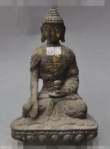 

S2669 8" old china bronze gilt Tantra dragon Shakyamuni healing Medicine Buddha statue