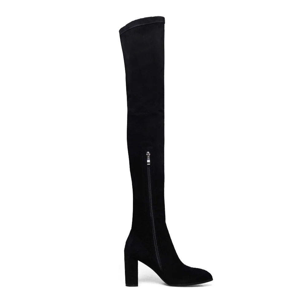 Krazing Pot/Уличная обувь из флока с острым носком на высоком каблуке; однотонные зимние эластичные сапоги-гладиаторы выше колена в европейском стиле; большие размеры; L6f1