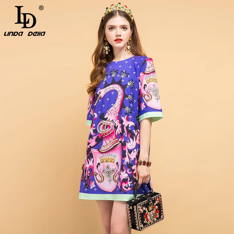 

LD LINDA DELLA New Summer Fashion Designer Vintage Dress Women's Gorgeous Beading Animal Printed Elegant Mini Vacation Dresses