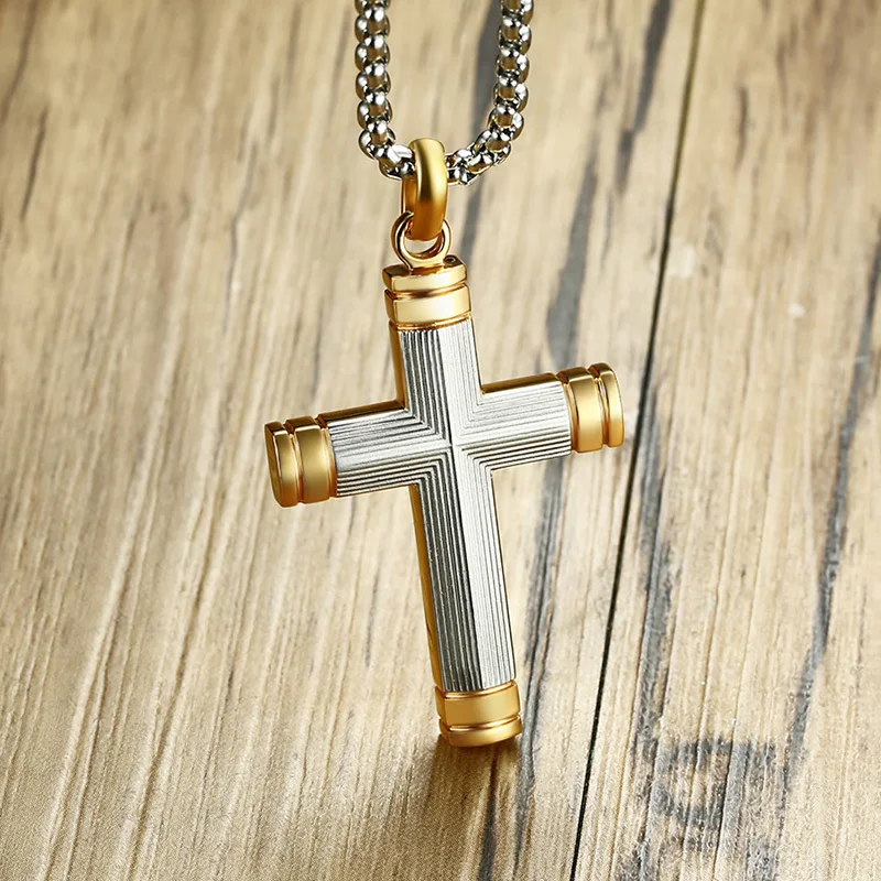 Striped Men's Necklace Box Chains Cross Crucifix With Circle Pendants