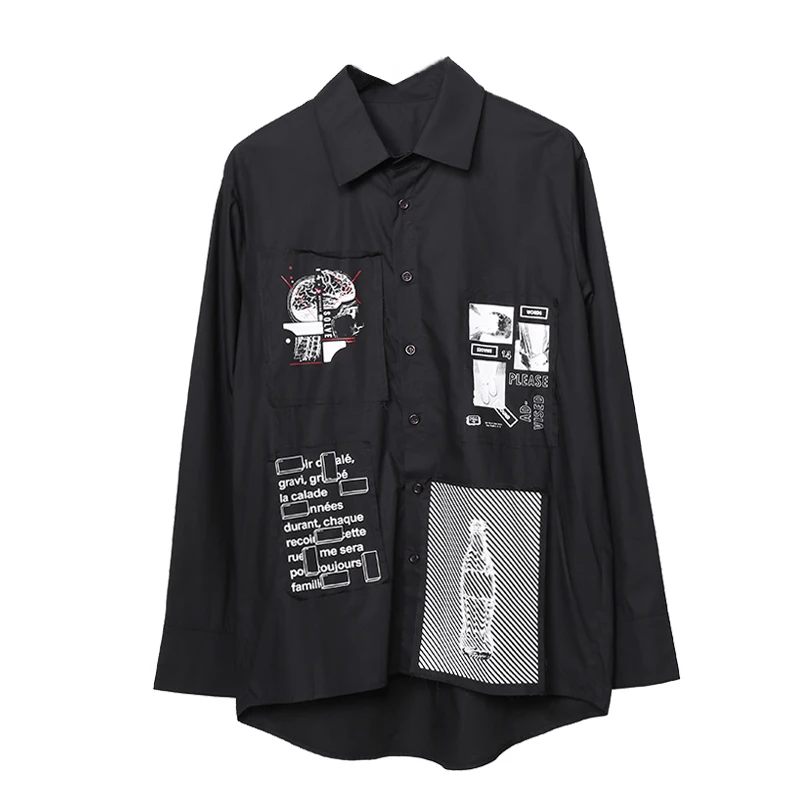 

2019 autumn new male original design personalized creative sticker casual long sleeved shirt
