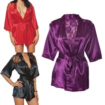

2018 New Fashion Sexy Silk Lace Lingerie Black Kimono Intimate Sleepwear Robe Night Gown Black Purple Red Colors M Size