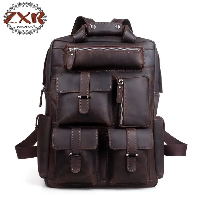 Crazy Horse Leather Men Backpack Backpack Genuine Leather Backpack Men School Backpack Fashion Rucksack Book Bag