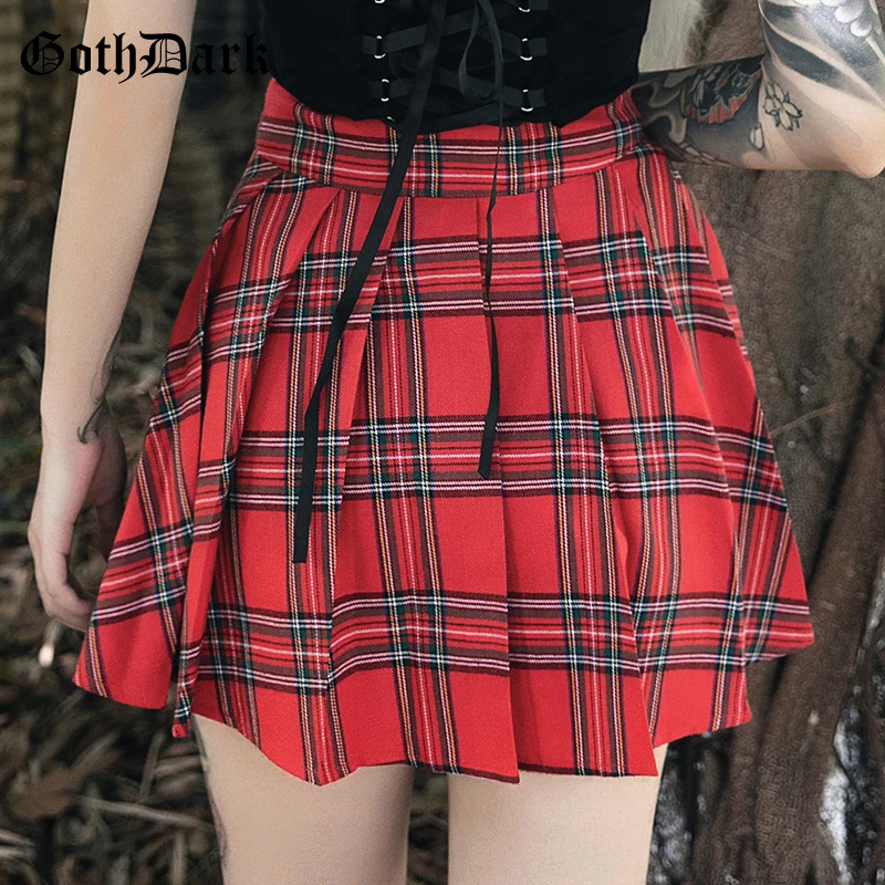 Goth Dark Red Plaid Punk Gothic Skirts Patchwork Rivet Belt Pleated Asymmetrical Belt Grunge Women's Skirt Fall2019 Fashion Sexy