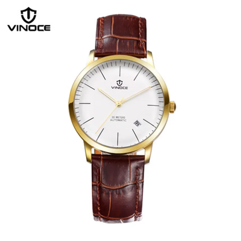VINOCE men s watch waterproof leather strap automatic font b mechanical b font watch calendar luminous