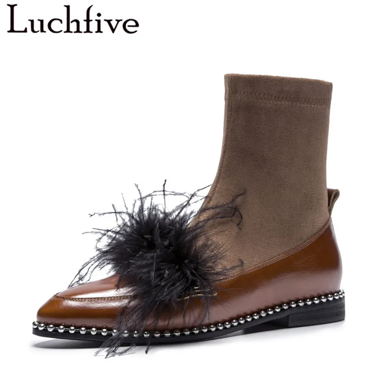 

Genuine Leather feather Ankle Boots for women Fall winter Short Booties low Heel string beaded Rivets stretch fabric sock shoes