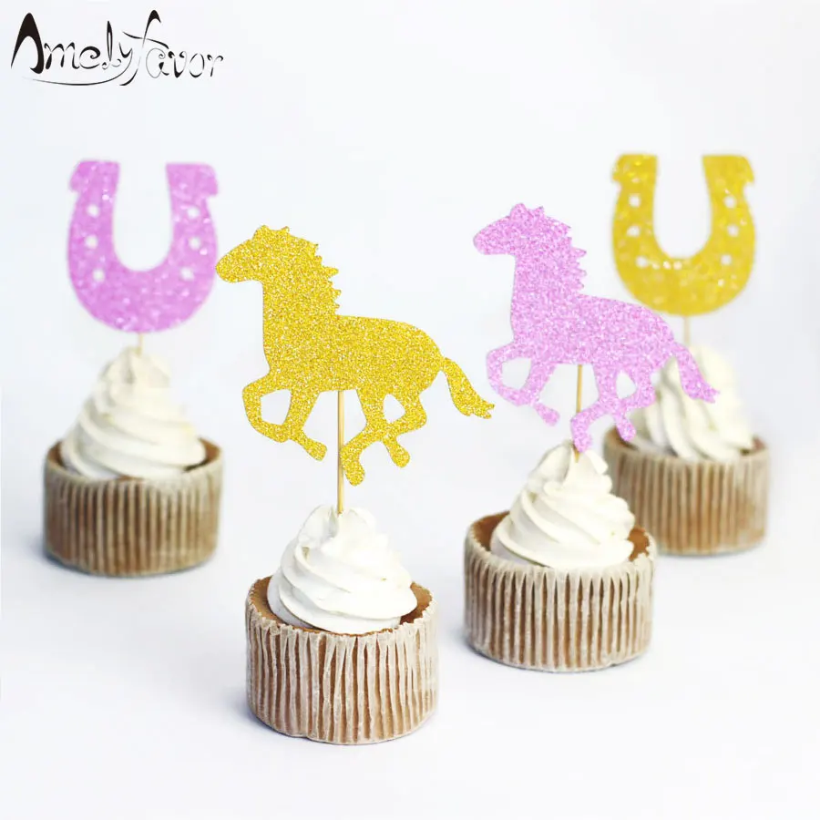 Horse And Horseshoe Glitter Cupcake Topper Cowgirl Birthday Party