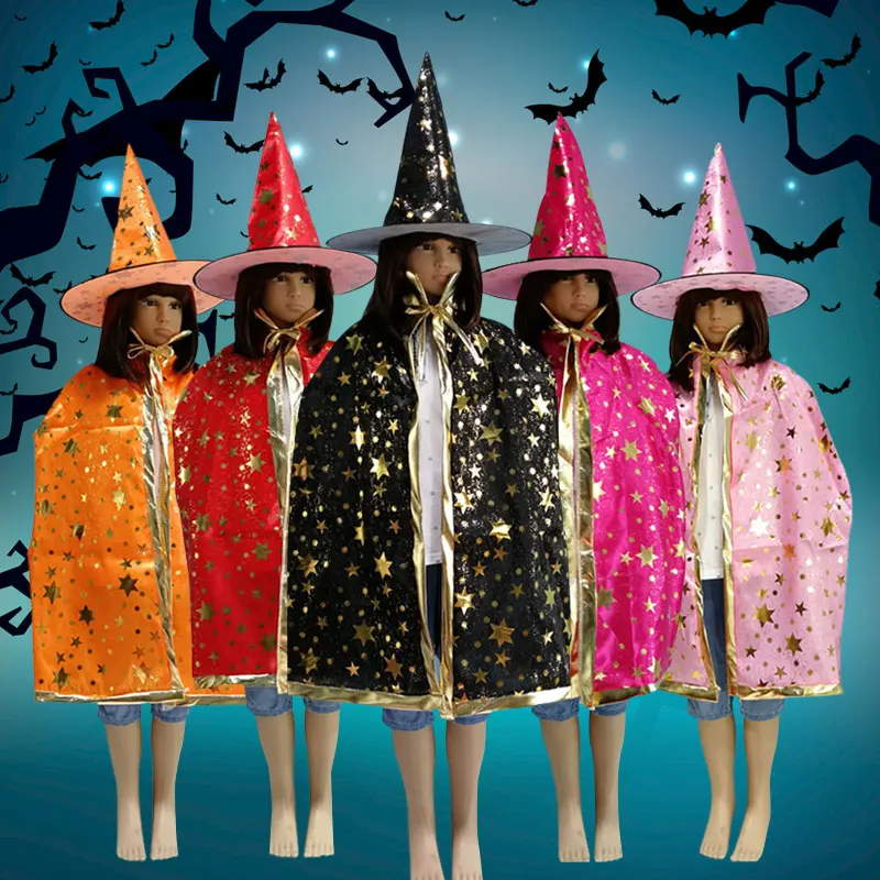 

Interesting Halloween Witch Hat Cloak Set Costume Party Glitter Star Decoration Witch Hat Cospaly Costumes Prop LXY9 AU22