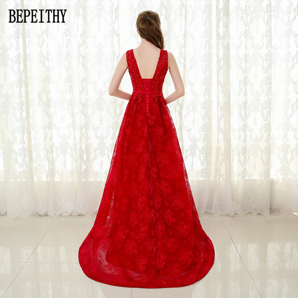 21   BEPEITHY New Arrival Vestido De Festa Robe De Soiree V-Neck Red Lace Appliques Party Elegant A-Line Long Evening Dresses 2017 (8)
