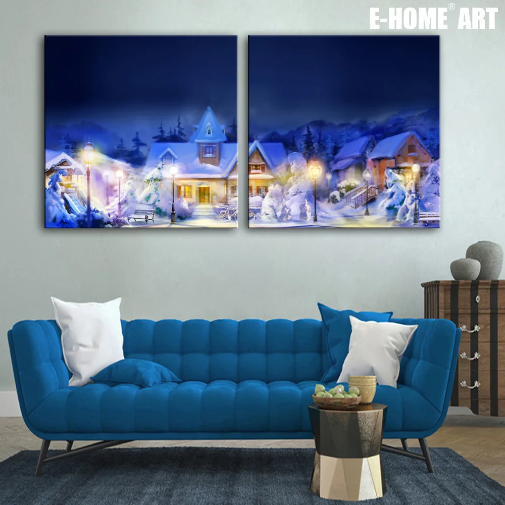 

Stretched Canvas Prints Night of The Snow Village Christmas Series LED Flashing Optical Fiber Print LED Wall Art LED Decorations