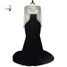 Luxus Kristall Elegante Plus Size Abendkleider O-ansatz Echte Bild Reizvolle Transparente Langarm Schwarz Lang abendkleid 2017