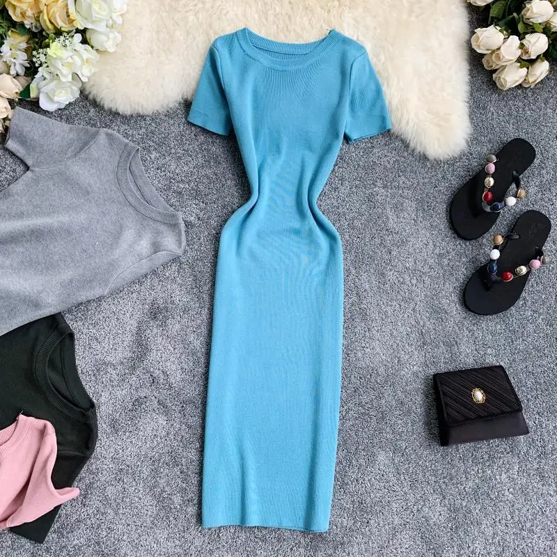 

Euro-American simple round-necked short-sleeved Chic Port-flavored elastic knitted skirt with tight body and buttocks