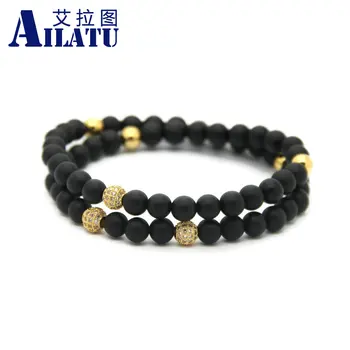 

Ailatu Wholesale 10pcs/lot 6mm Matte Onyx Stone Beads with Micro Pave CZ Beads Two circles Elastic Bracelet Fashion Jewelry