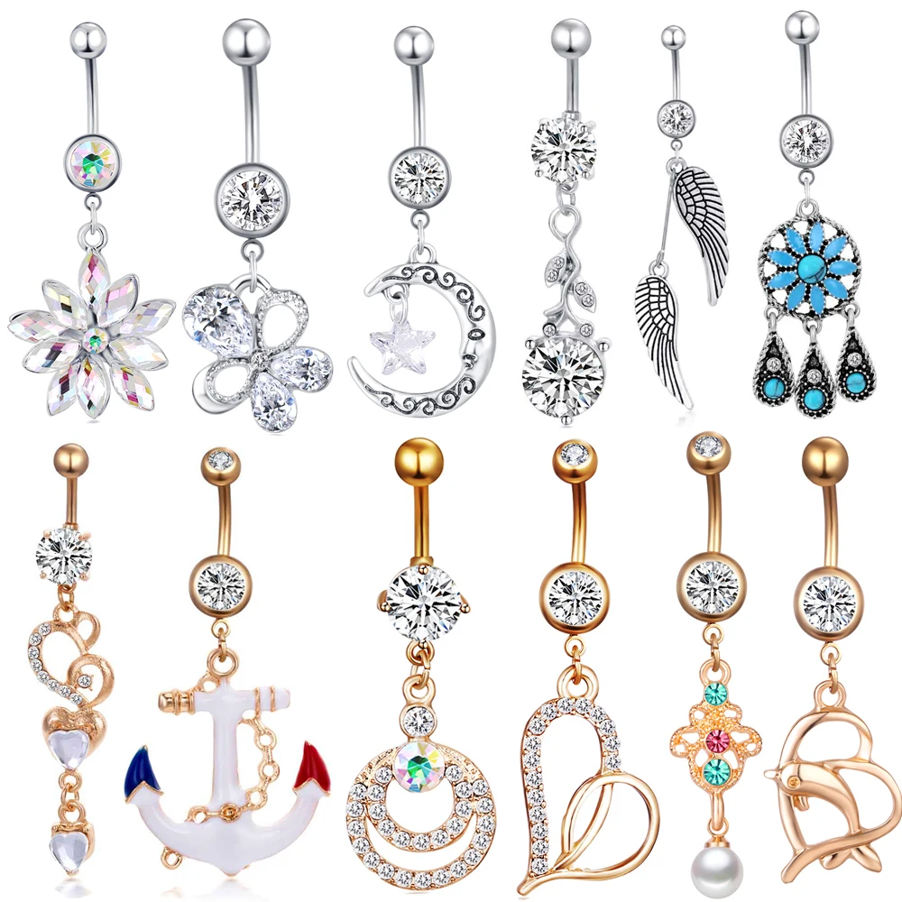 

TIANCIFBYJS Mix 20 Styles 14G Steel Dangle Belly Button Rings Flower Heart Pendant Navel Ring Wholesale Body Piercing Jewelry