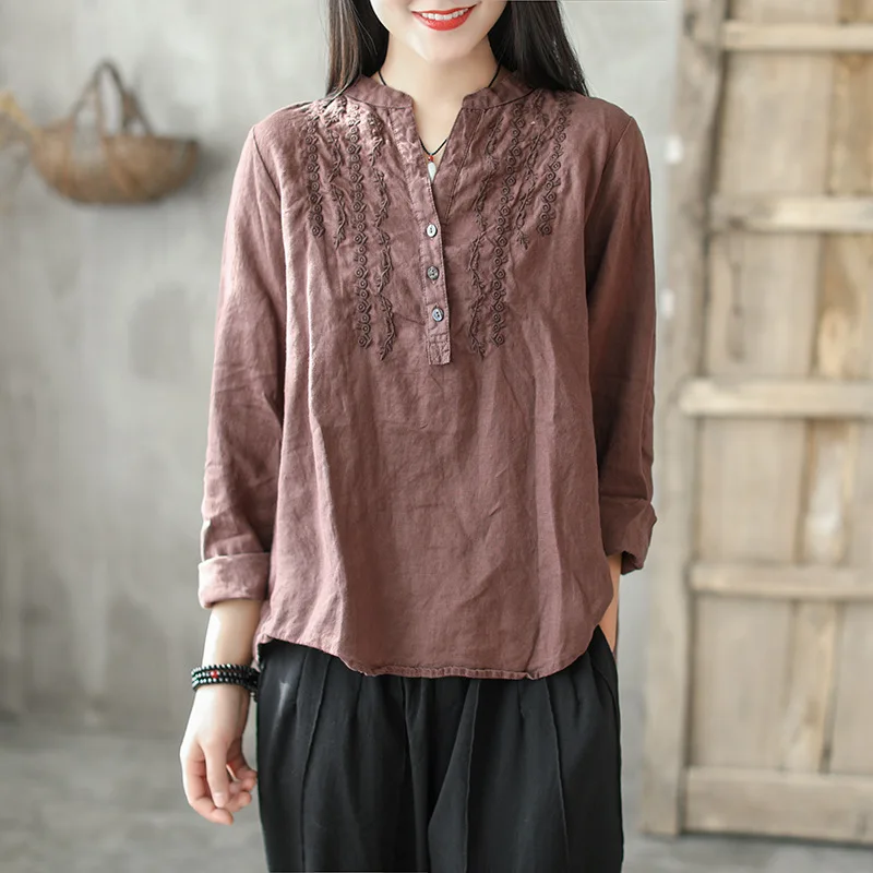 

Original Ethnic Style Linen Loose Stand Collar Literary Fan Embroidery Flower Cotton Blouse Mori Female Ramie Shirt