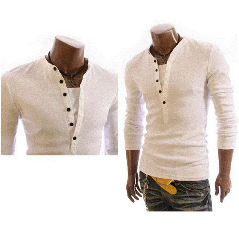 

Cotton fashion T Shirt Fake two-button closure men's long-sleeved Men Solid Color tops tees Mandarin Collar drop ship Shirt