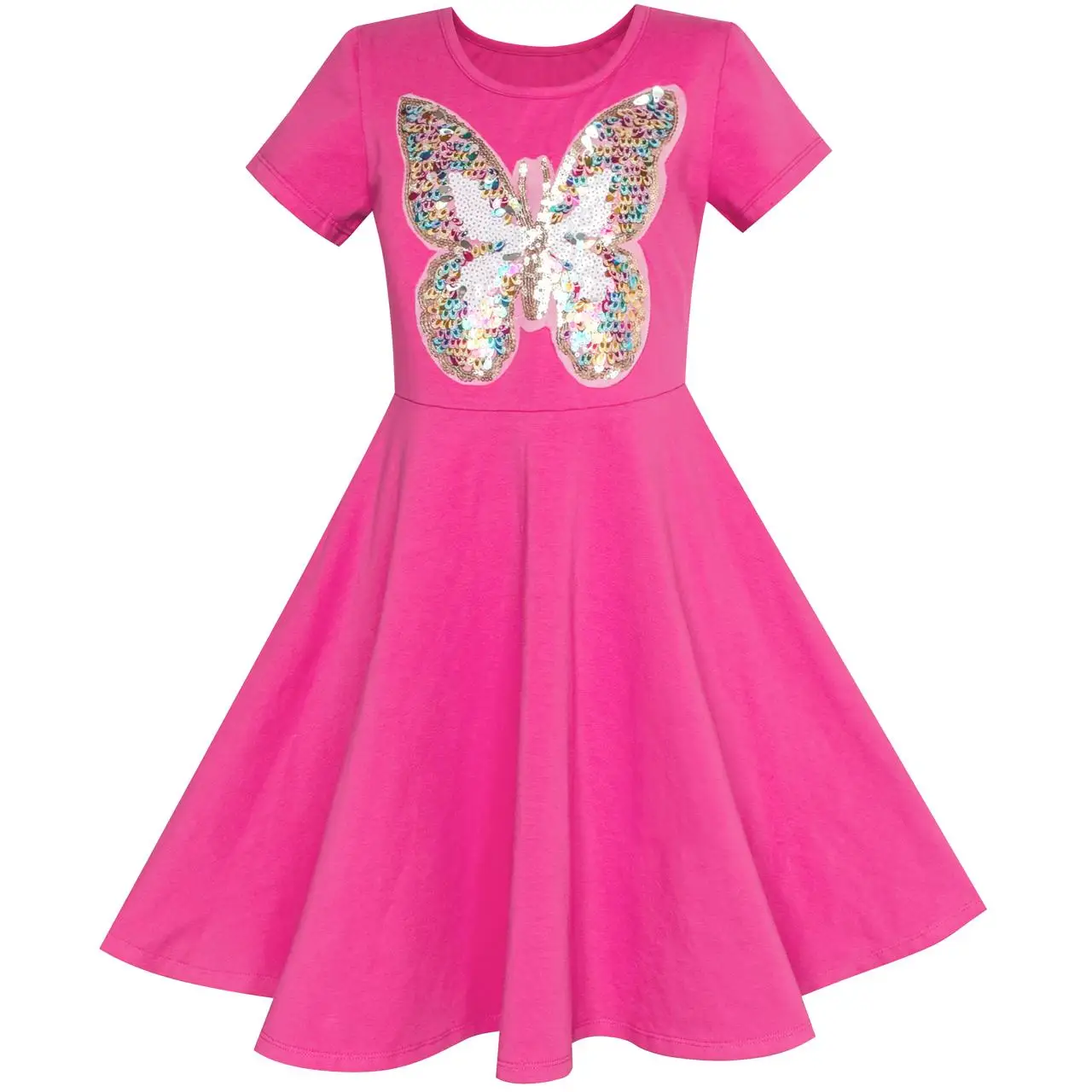 Girls Dress Deep Pink Butterfly Sequin Cotton Dress 2019 Summer