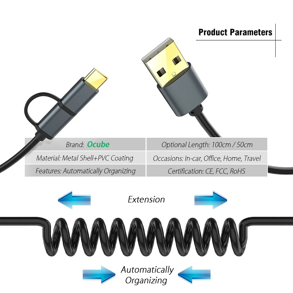 Usb зарядное устройство тип Tupe C Micro Usb кабель для быстрой зарядки спиральный кабель 2 в 1 Usb-c кабель для Xiaomi Redmi Note 7 5 samsung Note 10