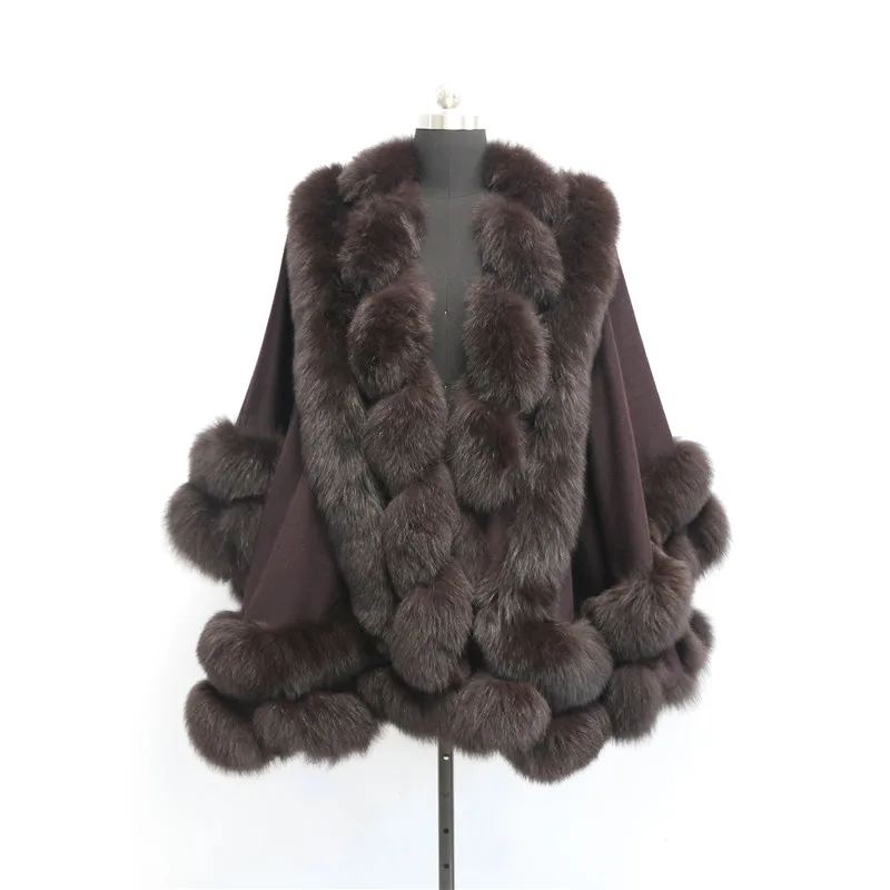 Двойной витой бренд Fox Fur Trim кашемировое пончо для леди