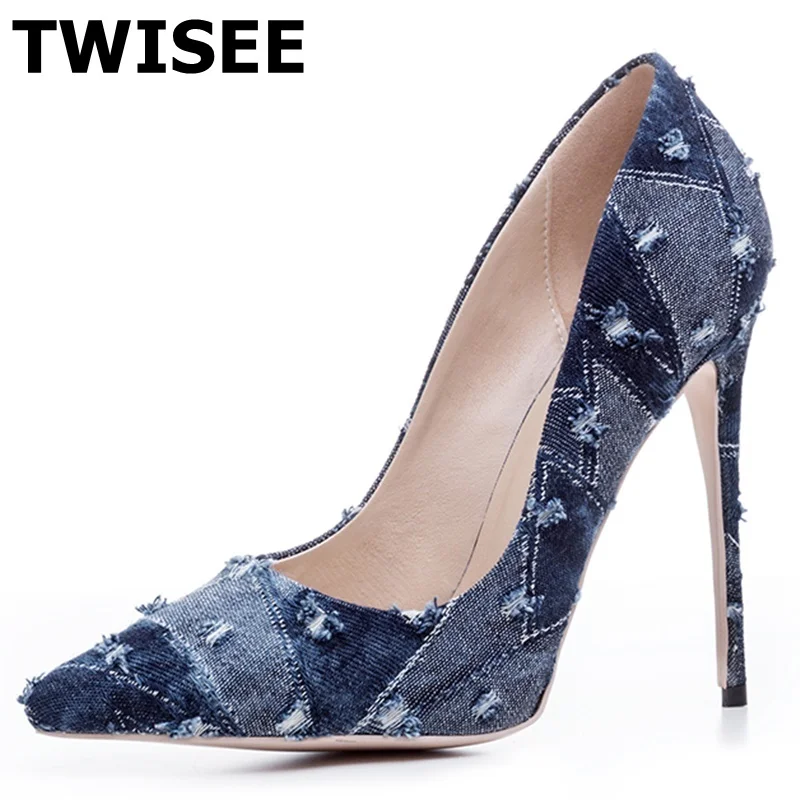 

TWISEE Basic Women sapatos femininos Fashion Denim High Super heels pointed toe Wedding Shoes Party heels Shallow pumps